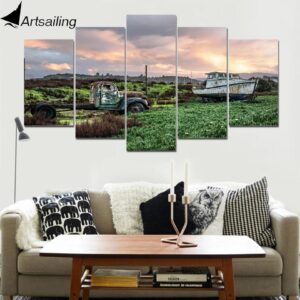 Car and Boat - Nature 5 Panel Canvas Art Wall Decor