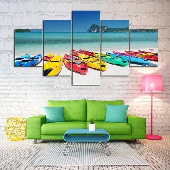 Caribbean Beach Kayak - Nature 5 Panel Canvas Art Wall Decor Caribbean Beach Kayak - Nature 5 Panel Canvas Art Wall Decor