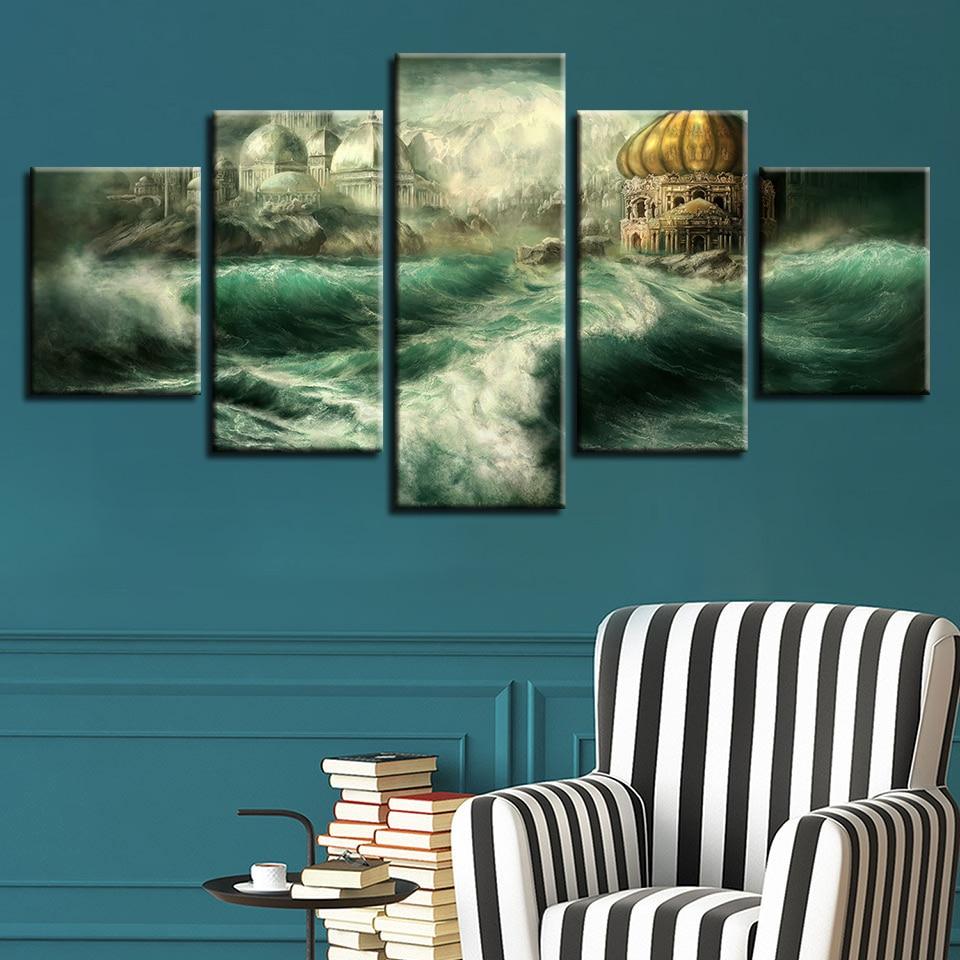 Castle Building And Blue Sea Water - Abstract 5 Panel Canvas Art Wall Decor Castle Building And Blue Sea Water - Abstract 5 Panel Canvas Art Wall Decor