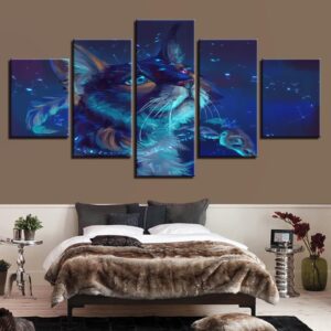 Cat And Feather - Animal 5 Panel Canvas Art Wall Decor