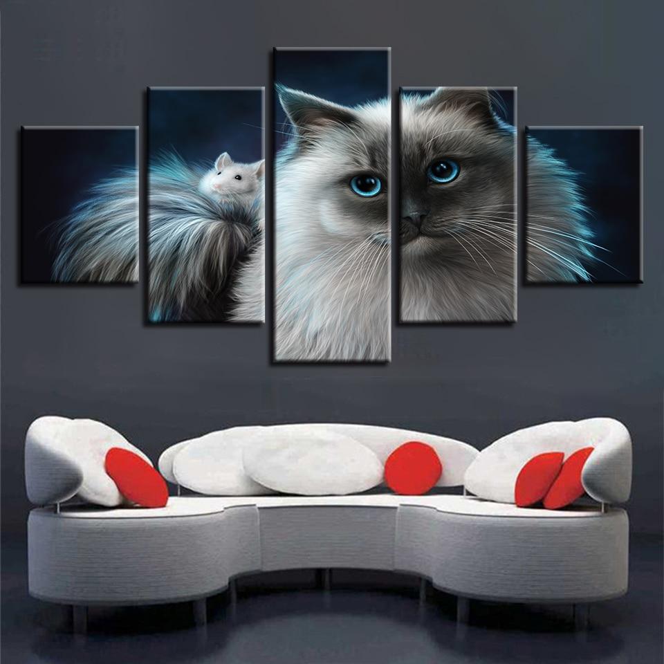 Cat And Small White Mouse - Animal 5 Panel Canvas Art Wall Decor Cat And Small White Mouse - Animal 5 Panel Canvas Art Wall Decor