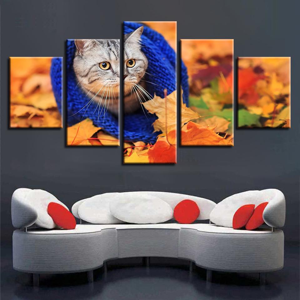 Cat Leaves Fall 1 - Animal 5 Panel Canvas Art Wall Decor Cat Leaves Fall 1 - Animal 5 Panel Canvas Art Wall Decor