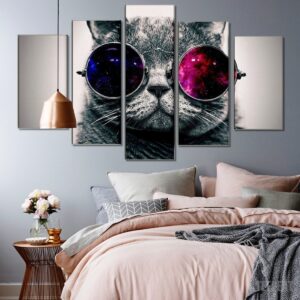 Cat With Glasses - Animal 5 Panel Canvas Art Wall Decor