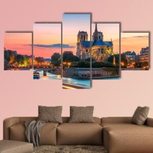 Cathedral Of Notre Dame De Paris At Sunset - Nature 5 Panel Canvas Art Wall Decor