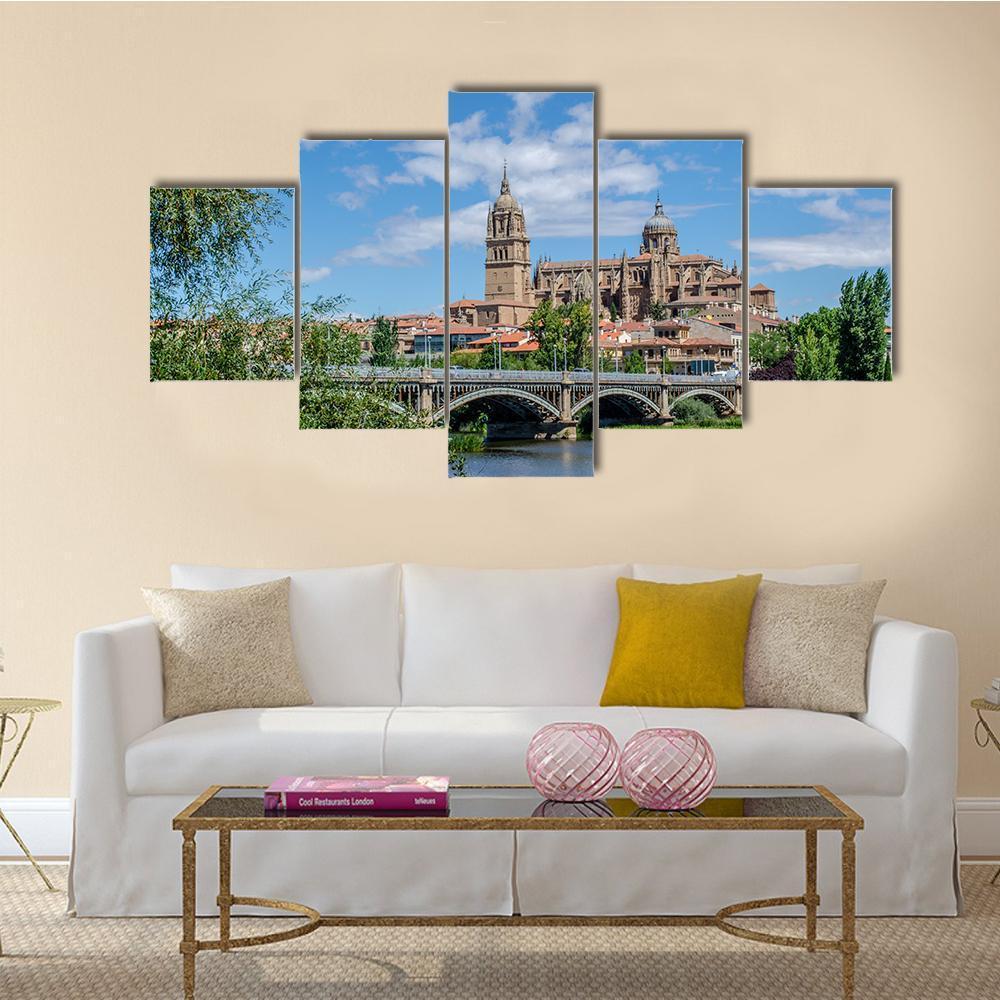 Cathedrals Of Salamanca With Iron Bridge Over River Tormes - Religion 5 Panel Canvas Art Wall Decor Cathedrals Of Salamanca With Iron Bridge Over River Tormes - Religion 5 Panel Canvas Art Wall Decor