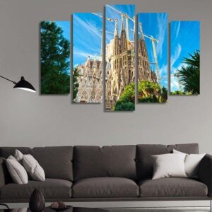 Catholic Basilica The Sagrada Familia In Barcelona At Daytime - Nature 5 Panel Canvas Art Wall Decor