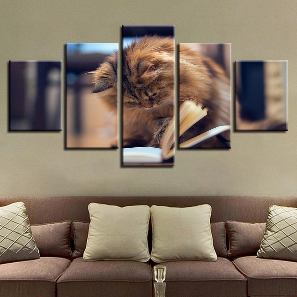 Cats Are Reading Book - Animal 5 Panel Canvas Art Wall Decor Cats Are Reading Book - Animal 5 Panel Canvas Art Wall Decor
