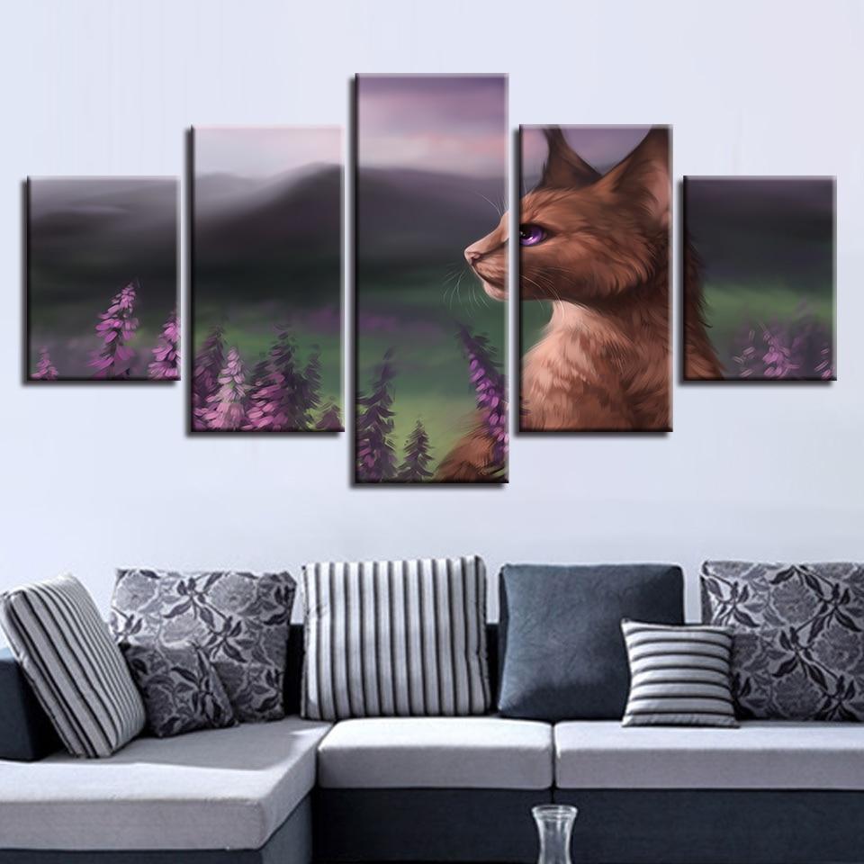 Cats Purple Eyes And Flower - Animal 5 Panel Canvas Art Wall Decor Cats Purple Eyes And Flower - Animal 5 Panel Canvas Art Wall Decor