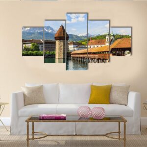 Chapel Bridge Kapellbrucke Across Reuss River - Religion 5 Panel Canvas Art Wall Decor