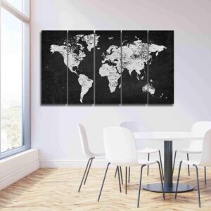 Charcoal And Silver World Map - World Map 5 Panel Canvas Art Wall Decor