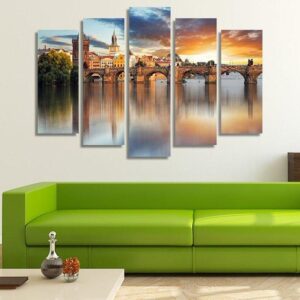 Charles Bridge At Sunset - Nature 5 Panel Canvas Art Wall Decor