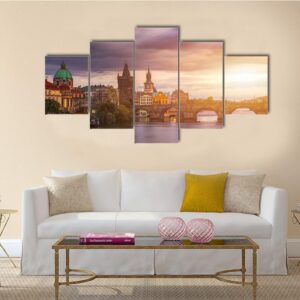 Charles Bridge Over Vltava River In Prague - Nature 5 Panel Canvas Art Wall Decor