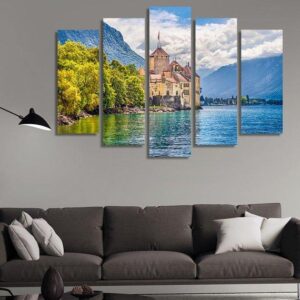 Chateau De Chillon At Lake Geneva - Nature 5 Panel Canvas Art Wall Decor