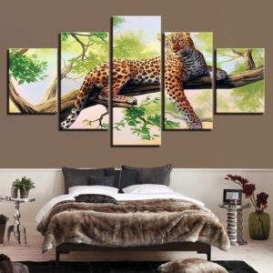 Cheetah Lounging In Tree - Animal 5 Panel Canvas Art Wall Decor