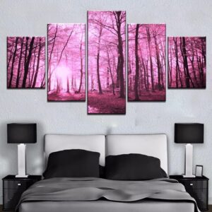 Cherry Blossom Pink Tree Forest - Nature 5 Panel Canvas Art Wall Decor