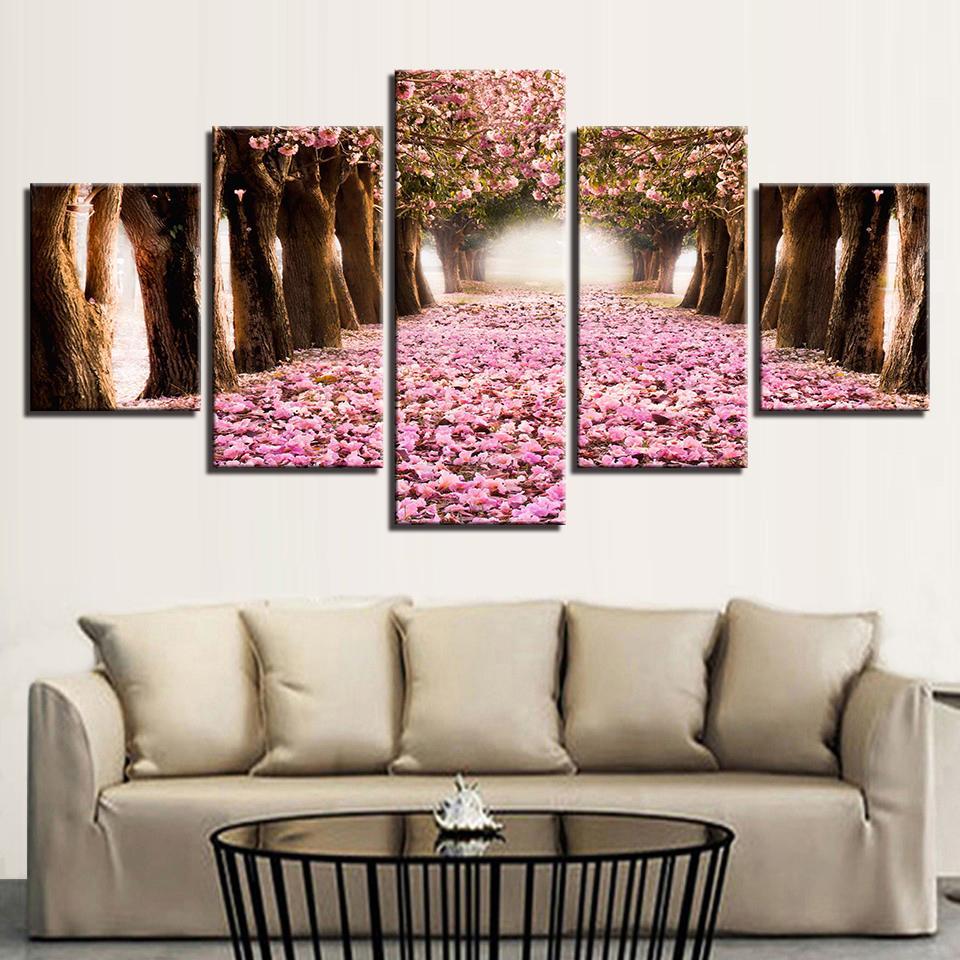 Cherry Blossoms Forest Path Flowers Trees Nature - Nature 5 Panel Canvas Art Wall Decor Cherry Blossoms Forest Path Flowers Trees Nature - Nature 5 Panel Canvas Art Wall Decor