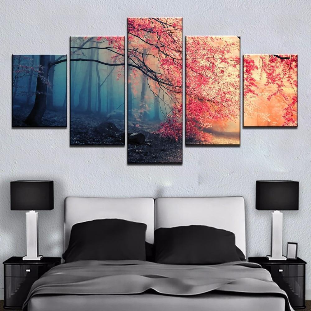 Cherry Blossoms Red Tree 01 - Nature 5 Panel Canvas Art Wall Decor Cherry Blossoms Red Tree 01 - Nature 5 Panel Canvas Art Wall Decor
