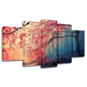 Cherry Blossoms Red Trees Forest - Nature 5 Panel Canvas Art Wall Decor