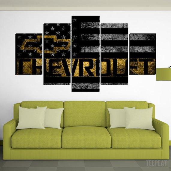 Chevrolet Symbol Rustic Flag 3 - Abstract 5 Panel Canvas Art Wall Decor Chevrolet Symbol Rustic Flag 3 - Abstract 5 Panel Canvas Art Wall Decor