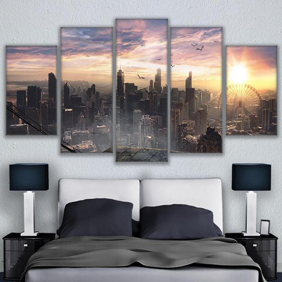 Chicago Cityscape Sky View City Sunrise Nature - 5 Panel Canvas Art Wall Decor Chicago Cityscape Sky View City Sunrise Nature - 5 Panel Canvas Art Wall Decor