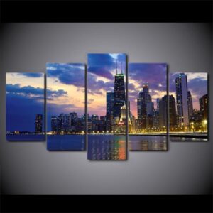 Chicago Cityscape Sunset Evening 1 - Nature 5 Panel Canvas Art Wall Decor
