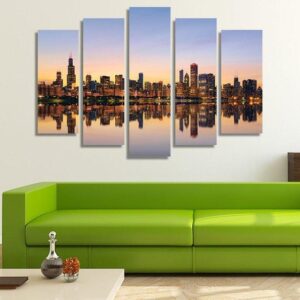 Chicago The Windy City Skyline At Sunset - Nature 5 Panel Canvas Art Wall Decor