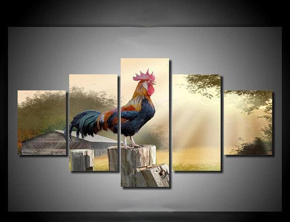 Chicken At Dawn - Animal 5 Panel Canvas Art Wall Decor Chicken At Dawn - Animal 5 Panel Canvas Art Wall Decor