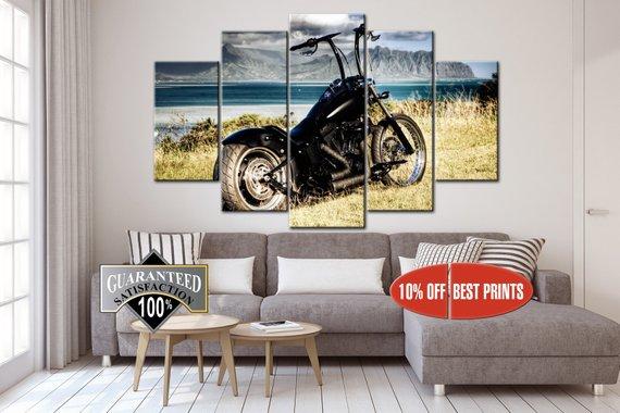 Chopper Black Old-Style Motorcycle - Automative 5 Panel Canvas Art Wall Decor Chopper Black Old-Style Motorcycle - Automative 5 Panel Canvas Art Wall Decor