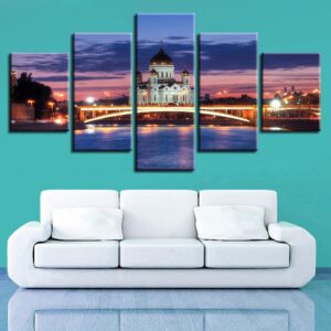 Christian Church And Bridge Night - Nature 5 Panel Canvas Art Wall Decor