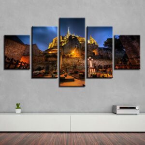 Christian Cross And Retro Gold Buildings - Nature 5 Panel Canvas Art Wall Decor