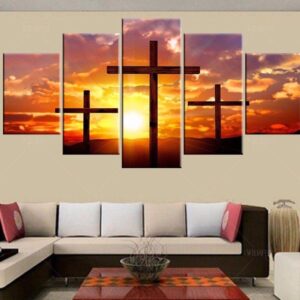 Christian Cross Jesus Sunset - Religion 5 Panel Canvas Art Wall Decor