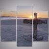 Christian Cross Sand Beach Ocean - Religion 5 Panel Canvas Art Wall Decor