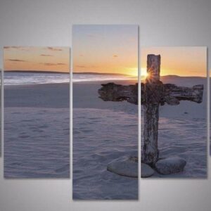 Christian Cross Sand Beach Ocean - Religion 5 Panel Canvas Art Wall Decor