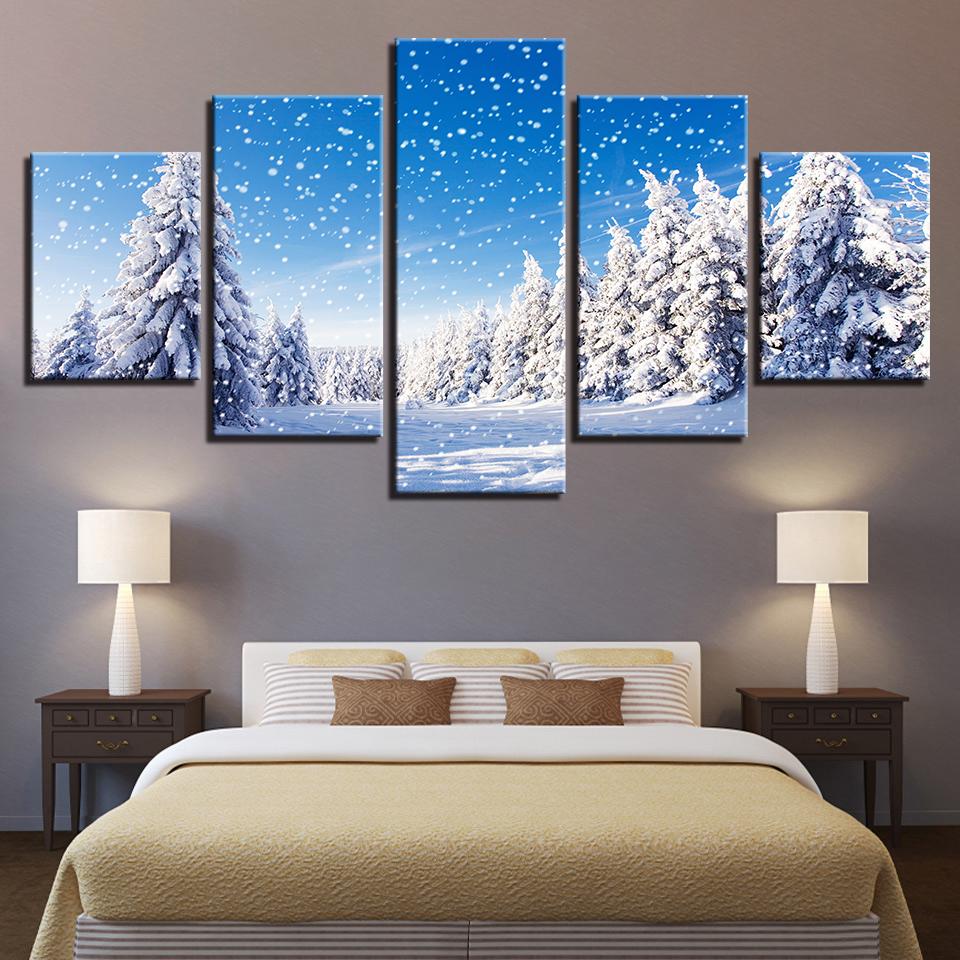 Christmas Pine Trees Snowing - Nature 5 Panel Canvas Art Wall Decor Christmas Pine Trees Snowing - Nature 5 Panel Canvas Art Wall Decor