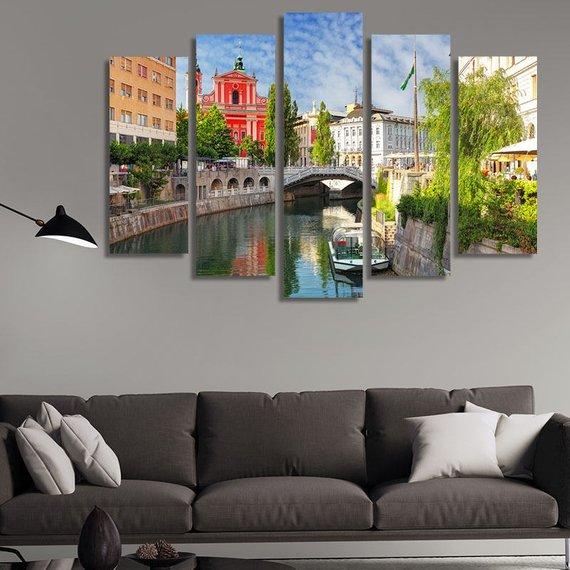 Church And River Ljubljanica In Ljubljana - Nature 5 Panel Canvas Art Wall Decor Church And River Ljubljanica In Ljubljana - Nature 5 Panel Canvas Art Wall Decor