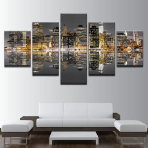 City Architecture Night View - Nature 5 Panel Canvas Art Wall Decor