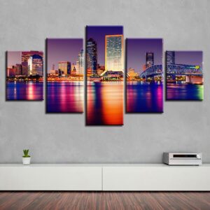 City Building And Bridge Night - Nature 5 Panel Canvas Art Wall Decor