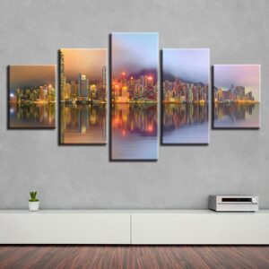 City Building And Riverside - Nature 5 Panel Canvas Art Wall Decor