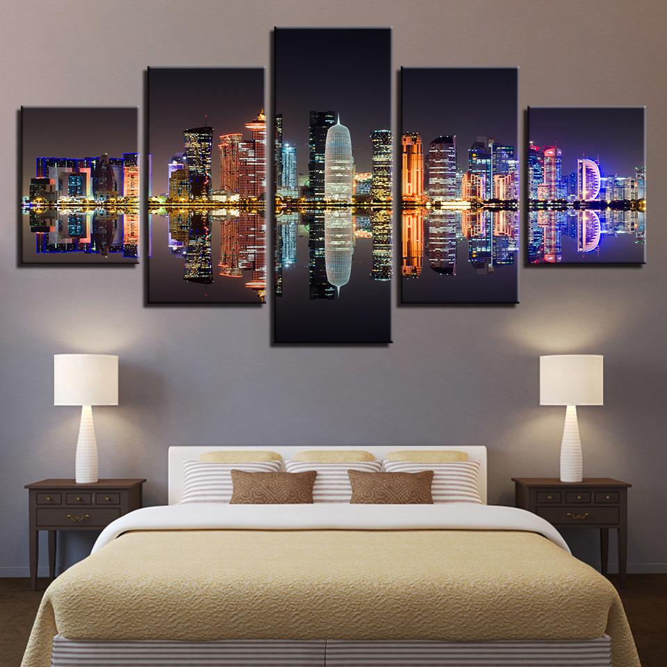 City Building Nightscape - Nature 5 Panel Canvas Art Wall Decor City Building Nightscape - Nature 5 Panel Canvas Art Wall Decor
