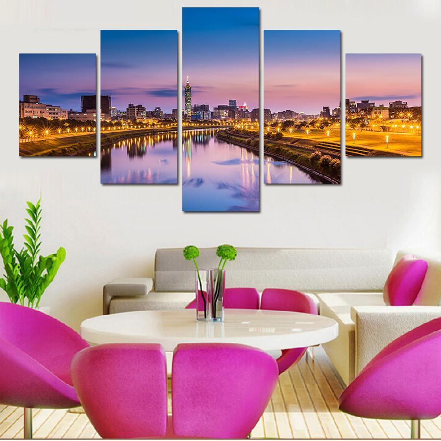 City By The River - Nature 5 Panel Canvas Art Wall Decor City By The River - Nature 5 Panel Canvas Art Wall Decor