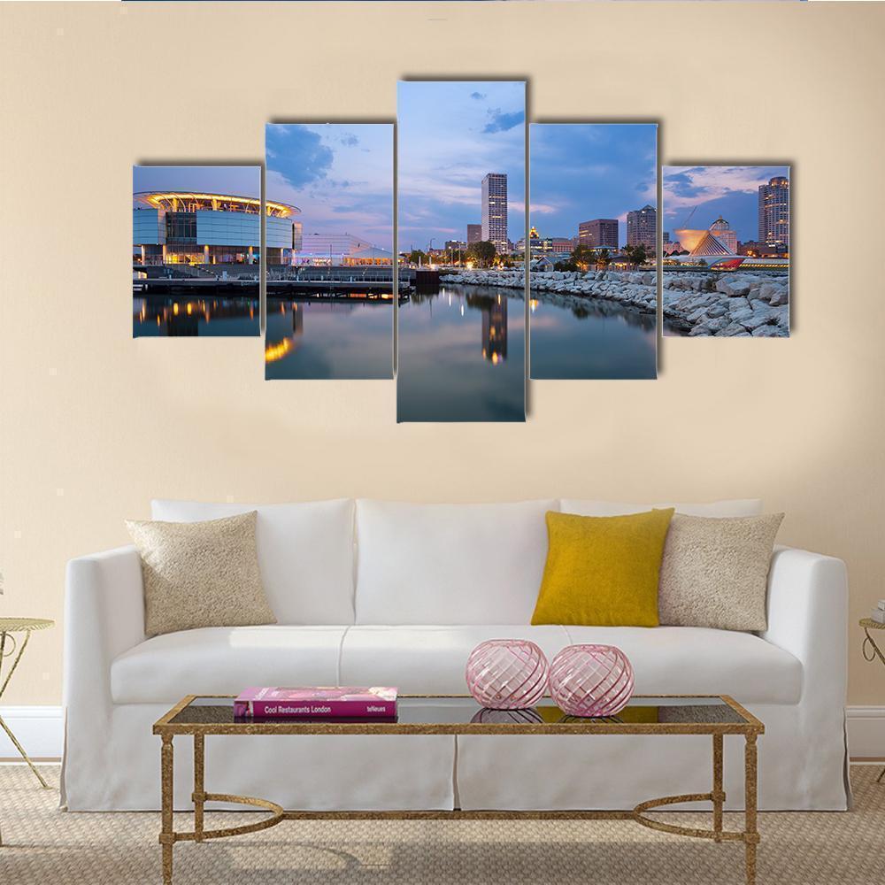 City Of Milwaukee Skyline With Lake Michigan Nature - 5 Panel Canvas Art Wall Decor City Of Milwaukee Skyline With Lake Michigan Nature - 5 Panel Canvas Art Wall Decor