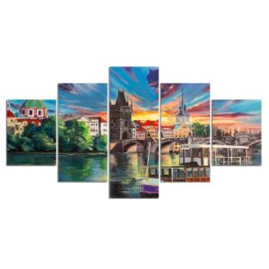 City Town Lake Bridge 02 - Abstract 5 Panel Canvas Art Wall Decor