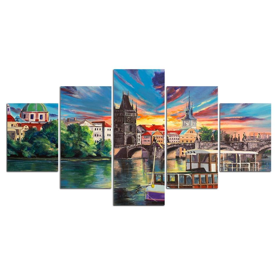 City Town Lake Bridge 02 - Abstract 5 Panel Canvas Art Wall Decor City Town Lake Bridge 02 - Abstract 5 Panel Canvas Art Wall Decor