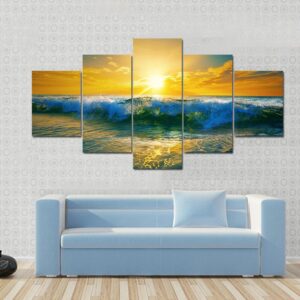 Close Up Of Ocean Waves At Sunrise - Nature 5 Panel Canvas Art Wall Decor