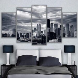 Cloudy Chicago Black White Landscape - Nature 5 Panel Canvas Art Wall Decor