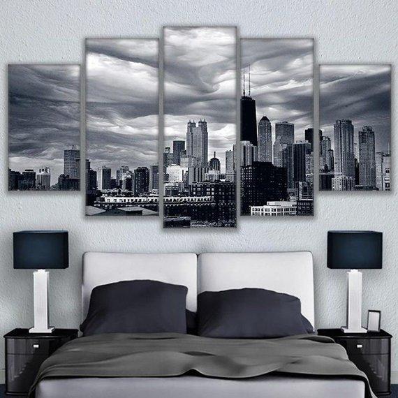Cloudy Chicago Black White Landscape - Nature 5 Panel Canvas Art Wall Decor Cloudy Chicago Black White Landscape - Nature 5 Panel Canvas Art Wall Decor