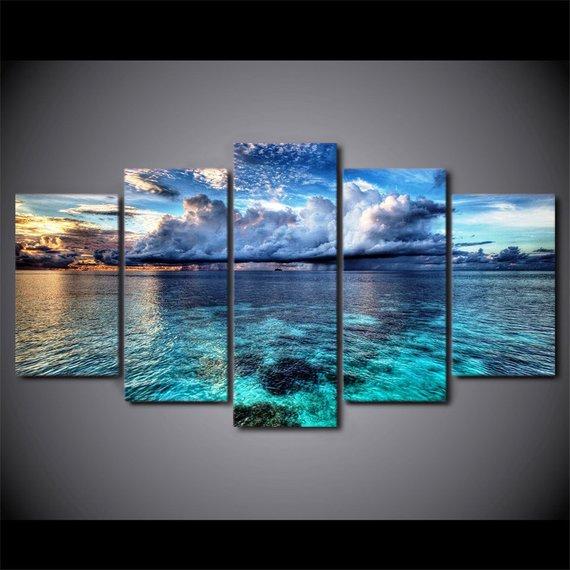 Cloudy Sky Blue Sea Wave - Nature 5 Panel Canvas Art Wall Decor Cloudy Sky Blue Sea Wave - Nature 5 Panel Canvas Art Wall Decor