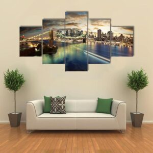 Cloudy Sky Over Brooklyn Bridge In New York - Nature 5 Panel Canvas Art Wall Decor