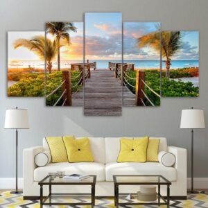 Coast Boardwalk Palms - Nature 5 Panel Canvas Art Wall Decor