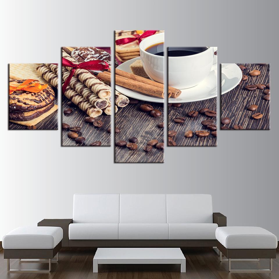 Coffee Bean Cup Kitchen Food Coffee Dessert House - Nature 5 Panel Canvas Art Wall Decor Coffee Bean Cup Kitchen Food Coffee Dessert House - Nature 5 Panel Canvas Art Wall Decor
